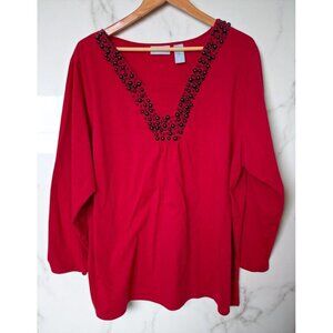 Liz & Me Red Embellished Top Womens Plus Size 2X V-Neck Black Bead Trim Shirt